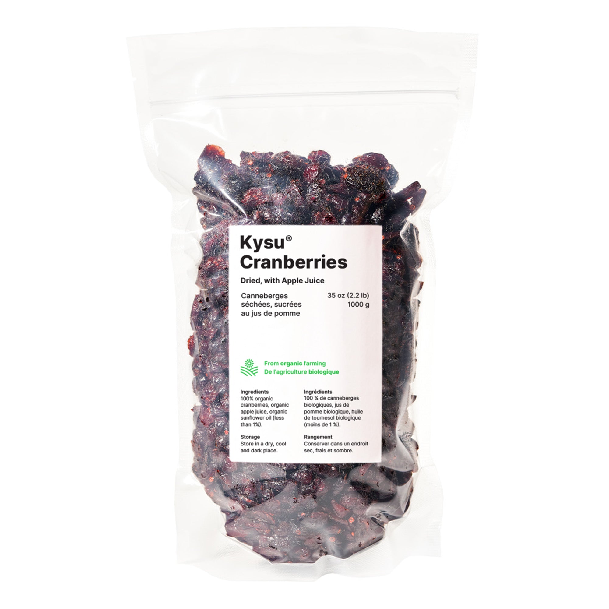 Organic dried cranberries sweetened with organic apple juice, 35 oz (2.2 lb) 1kg